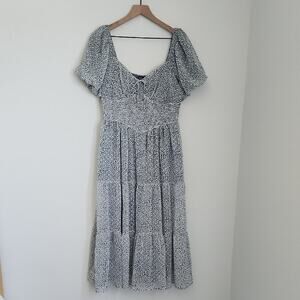 TRIXXI Floral Puff Sleeve Midi Dress Smocked Flowy Lined Size XL Sage Green